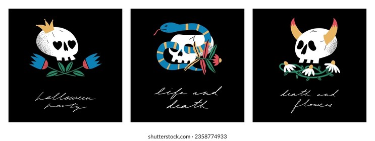 Hand drawn Skulls with flowers, snake. Trendy isolated colorful collection. Cartoon, vintage style. Skull floral print for poster, tattoo idea, t-shirt print, sticker, logo design template, textile.