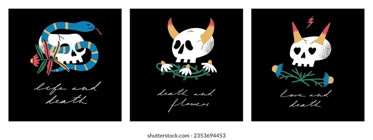 Hand drawn Skulls with flowers. Trendy isolated colorful Vector illustration. Cartoon, vintage style. Skull floral print for poster, tattoo idea, t-shirt print, sticker, logo design template, textile.