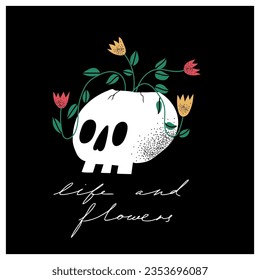 Hand drawn Skulls with flowers. Trendy isolated colorful collection. Cartoon, vintage style. Skull floral print for poster, tattoo idea, t-shirt print, sticker, logo design template, textile. Vector.