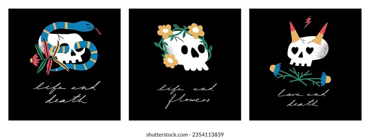 Hand drawn Skulls with flowers. Trendy isolated colorful collection. Cartoon, vintage style. Skull floral print for poster, tattoo idea, t-shirt print, sticker, logo design template, textile. Vector.