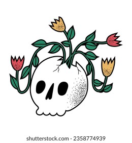 Hand drawn Skulls with flowers. Trendy isolated colorful Vector illustration. Cartoon, vintage style. Poster, tattoo idea, t-shirt print, sticker, logo design template, textile. Skull floral print.