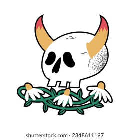 Hand drawn Skulls with horns and with flowers mayweed. Trendy isolated colorful Vector illustration. Cartoon, vintage style. Poster, tattoo idea, t-shirt print, sticker. EPS 10