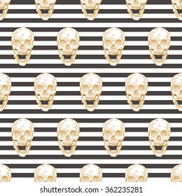 Hand drawn skulls on stripe background. Trendy color seamless background with skulls. Vector illustration