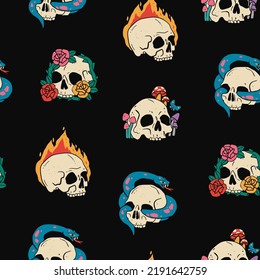 Hand drawn Skulls and roses peonies  fire  mushrooms  snake  Trendy colorful Vector illustration  Cartoon  vintage style  Square seamless Pattern  Background  wallpaper  Textile print template