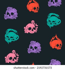 Hand drawn Skulls and roses peonies  fire  mushrooms  snake  Trendy colorful Vector illustration  Cartoon  vintage style  Square seamless Pattern  Background  wallpaper