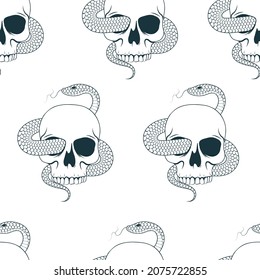 Hand drawn skulls with snakes seamless pattern. Mystical texture for witchcraft in vintage style  for t-shirt design, textile, bags and wrapping paper.