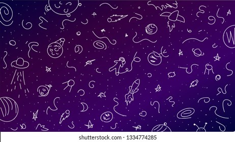 Hand drawn sky background with planets, rockets, stars and other space objects.