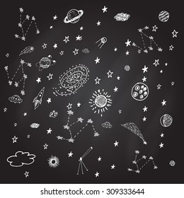 Hand drawn sky background with sun, planets, rockets, stars and other space objects. Vector illustration