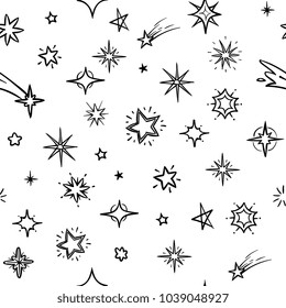 Hand Drawn Sky With Doodle Stars Vector Seamless Background. Grunge Outer Space Repeating Pattern. Seamless Sky Star Pattern Sketch Monochrome Illustration