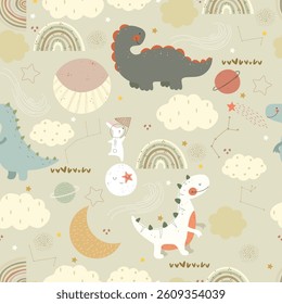 Hand drawn sky, planets, clouds, stars, rainbows and dinosaurs. Seamless pattern with animals and space. Kids illustrtaion.