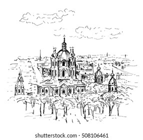 Hand drawn skyline of Saint-petersburg with Cathedral. Vector illustration. Sketch.
