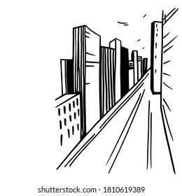 Hand drawn skyscrapers . Cityscape  background.Vector sketch illustration.