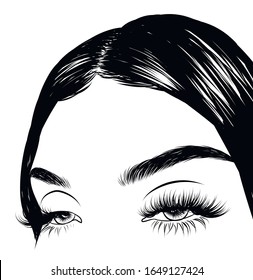 Hand drawn sleek hairstyle- hair bun of a beautiful girl and baby hairs. Glam eye look with full natural eyebrow and luxe eyelashes. Salon logo template for broshures