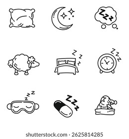 Conjunto de ícones de sono desenhados à mão - Vetores de relaxamento e tempo de cama de desenhos animados