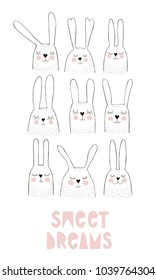 Hand Drawn Sleeping Bunnies Vector Illustration. Hand Written Pink Text. White Background. Sweet Dreams. Childish Style Design. Grey Sketch.