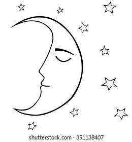 Hand drawn sleeping crescent (half-moon) with stars