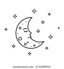  Handgezeichnete schlafende Halbmond Gesicht und Sterne Illustration