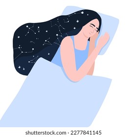 
hand drawn sleeping girl with constellations in her hair. sleep hygiene concept