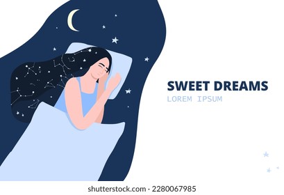 hand drawn sleeping girl with stars in her hair in soothing colors. sweet dream concept