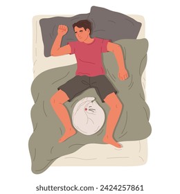 Hand drawn sleeping man. Male character resting in bed with cute cat, guy and his pet relaxing in cozy bed flat vector illustration. Sleeping person on white