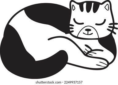 Hand Drawn sleeping striped cat illustration in doodle style isolated on background