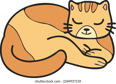 Hand Drawn sleeping striped cat illustration in doodle style isolated on background