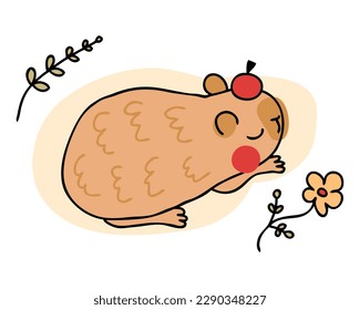 Hand drawn sleepy capybara in doodle style. Perfect for tee, stickers, poster, card. Isolated vector illustration for decor and design.
