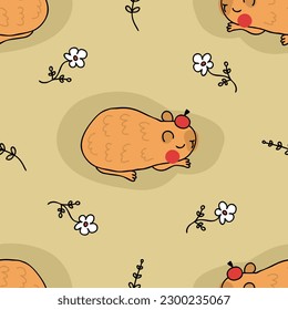 Hand drawn sleepy capybara seamless pattern in doodle style. Perfect print for tee, paper, textile and fabric. Kawaii vector illustration for decor and design.
