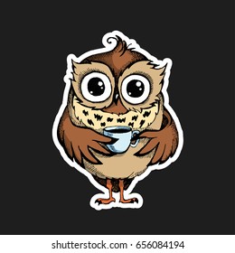 Hand drawn sleepy owl with cup of coffee, funny character sticker, Inspirational morning poster for cafe menu, prints, mugs, banners. Vector illustration