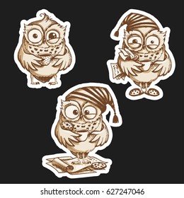 Hand drawn sleepy owls  with cup of coffee, funny character set, Inspirational morning collection for cafe menu, prints, mugs, banners. Vector illustration