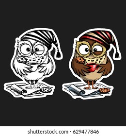 Hand drawn sleepy owls  with cup of coffee, funny character set, Inspirational morning collection for cafe menu, prints, mugs, banners. Vector illustration
