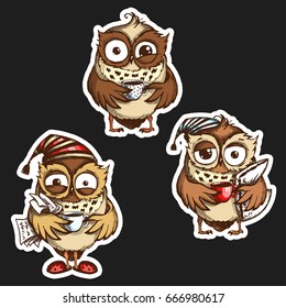 Hand drawn sleepy owls  with cup of coffee, funny character set, Inspirational morning collection for cafe menu, prints, mugs, banners. Vector illustration