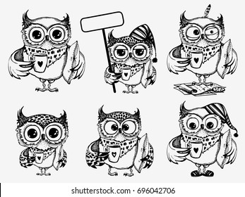 Hand drawn sleepy owls  with cup of coffee, funny character set, Inspirational morning collection for cafe menu, prints, mugs, banners. Vector illustration