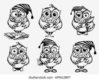 Hand drawn sleepy owls  with cup of coffee, funny character set, Inspirational morning collection for cafe menu, prints, mugs, banners. Vector illustration