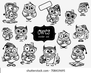 Hand drawn sleepy owls  with cup of coffee, funny character set, Inspirational morning collection for cafe menu, prints, mugs, banners. Vector illustration