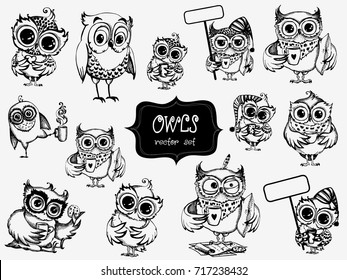 Hand drawn sleepy owls  with cup of coffee, funny character set, Inspirational morning collection for cafe menu, prints, mugs, banners. Vector illustration