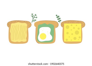 Hand drawn slice of bread, tasty toast with butter, fried egg, avocado and cheese. Modern flat illustration. Breakfast concept.