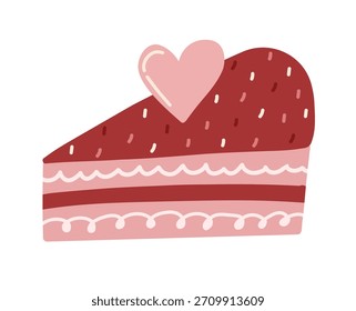 Hand drawn slice of cake with pink layers, sprinkles and a heart decoration in a cute minimal style. Perfect for Valentine’s Day stickers, cards, posters and sweet romantic designs.