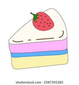 Hand drawn slice cake.A piece of colorful cute cake isolated on white background.Vector graphic illustration.