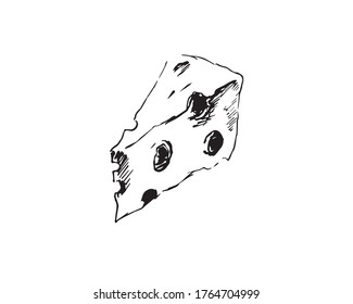Rebanada de queso hecha a mano. Queso dibujado a mano. Ilustración de queso blanco y negro aislada sobre fondo blanco. Ilustración de queso suizo con vectores de estilo vintage. 