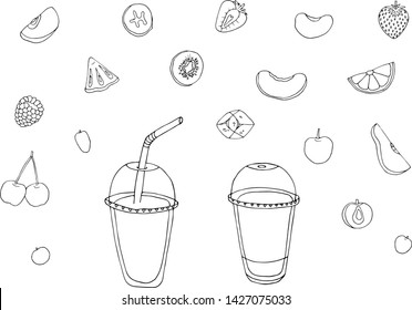 Hand drawn slice of fruits. Sketch vector fruits and glasses collection.