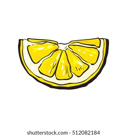 Hand drawn slice of lemon, sketch style vector illustration isolated on white background. Drawing of lemon slice, citrus, side view, colorful illustration