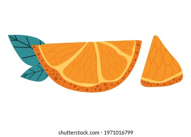 Hand drawn slice of orange with modern leaves. Summer concept. Flat illustration.