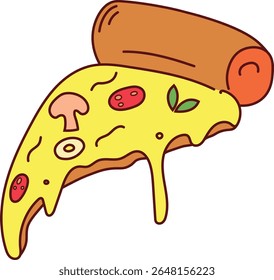 Rebanada de pizza dibujada a mano en estilización plana de dibujos animados. Ilustración vectorial en estilo cómico con contorno. Elemento de comida rápida