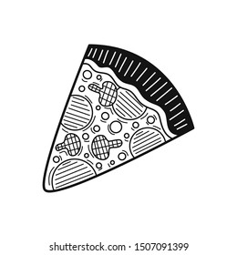 Hand drawn slice of pizza isolated on a white. Great for menu, poster or label. Vector illustration.