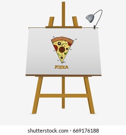Hand drawn slice of pizza on easel. Vector stock illustration