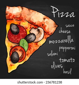 Hand Drawn Slice Of Pizza Over Chalk Blackboard Background, Watercolor Sketch,Vector Illustration For Food Design.