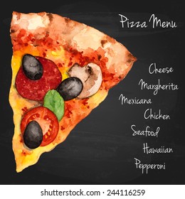 Hand Drawn Slice Of Pizza Over Chalk Blackboard Background, Watercolor Sketch,Vector Illustration For Food Design.