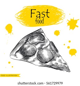 Hand drawn slice of pizza with salami isolated on white background with yellow blots. Fast food sketch elements vector illustration.