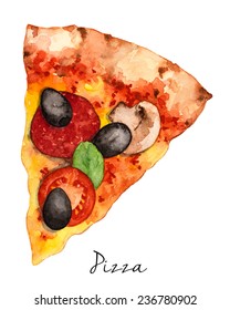 Hand Drawn Slice Of Pizza, Watercolor Sketch,Vector Illustration For Food Design.